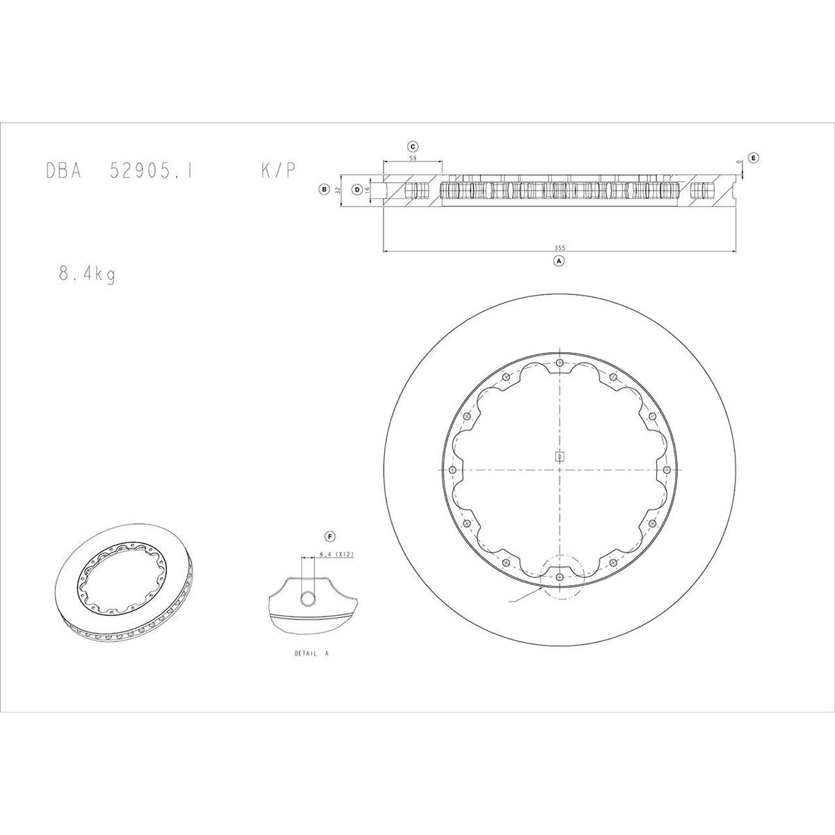 DBA T3 5000 Slotted 2Pc Brake Rotor Single DBA52905BLKS-10