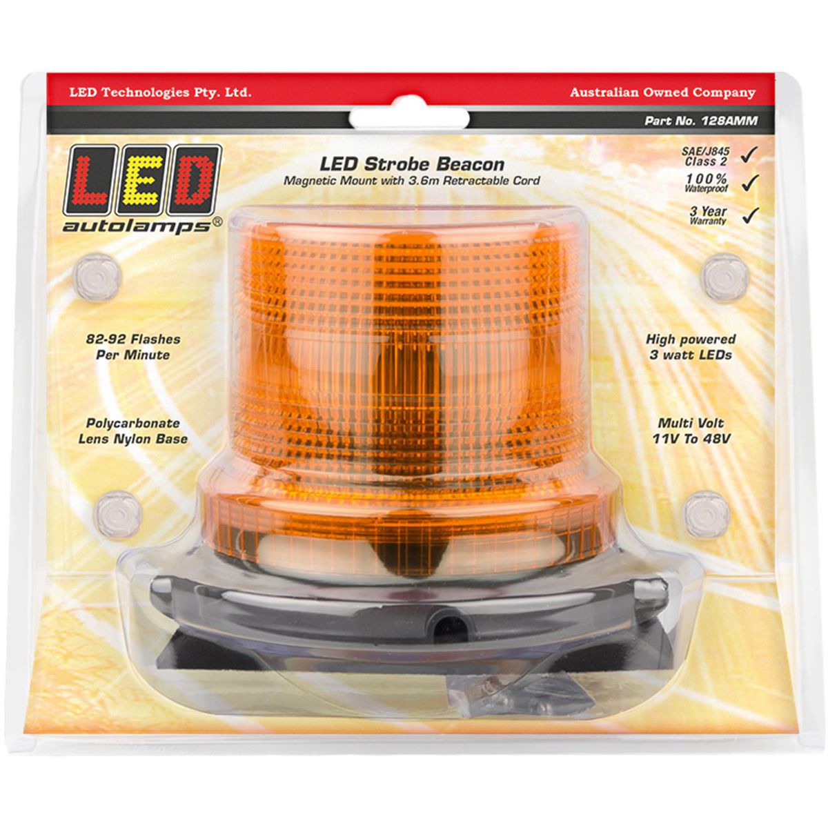 LED Autolamps Beacon Light LED Amber IP67 11/48V Magnetic Mount 128AMM