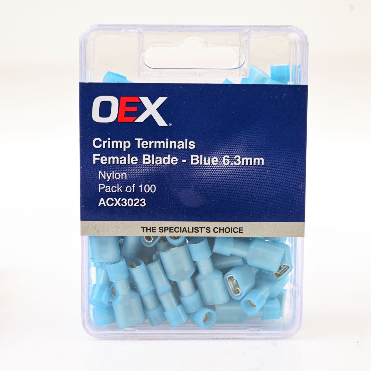 OEX Crimp Terminal Female Blade Blue Terminal Entry 6.3 X 0.8mm Polycarbonate 100 Pce ACX3023