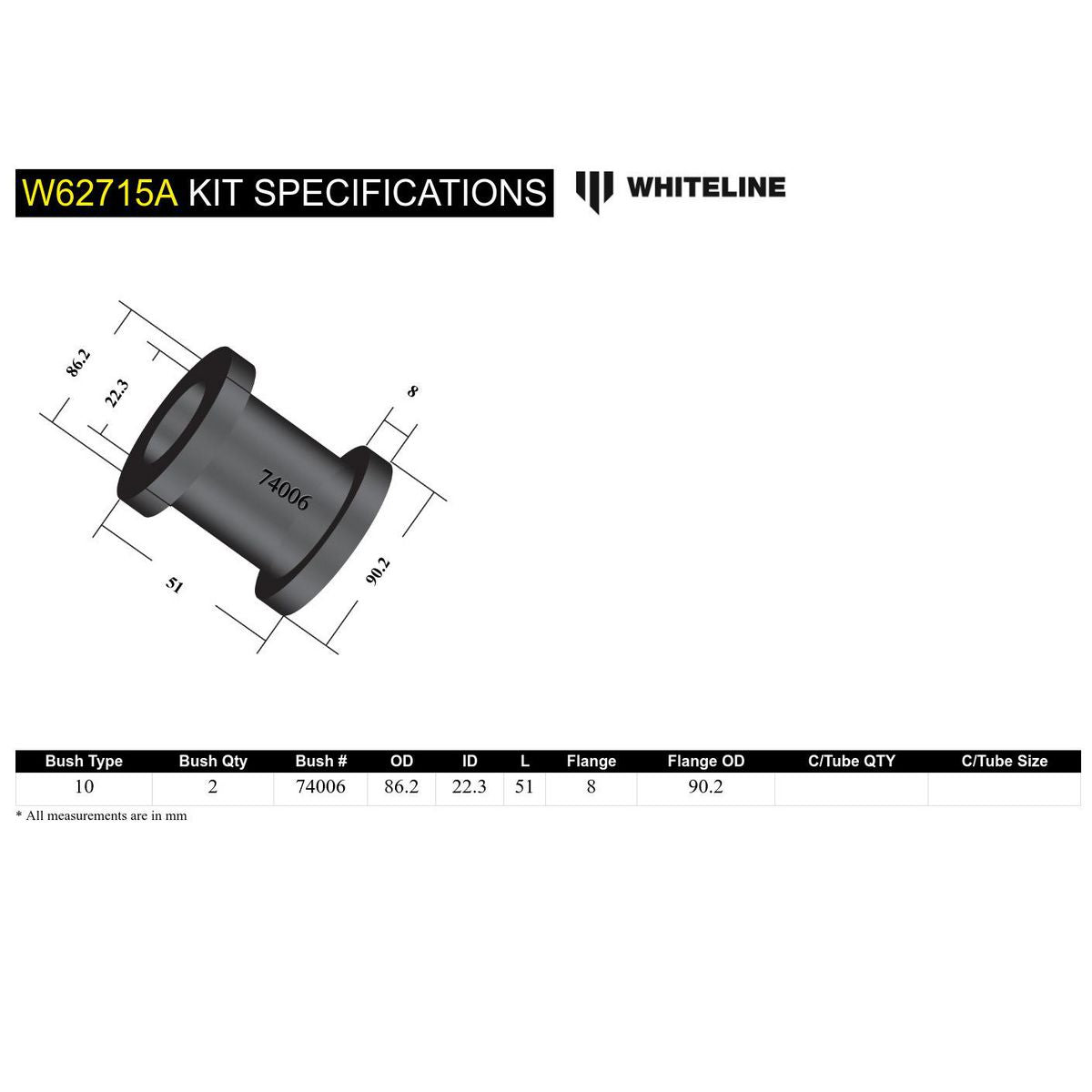 Whiteline W62715A Rear Trailing Arm Pivot Bush Kit