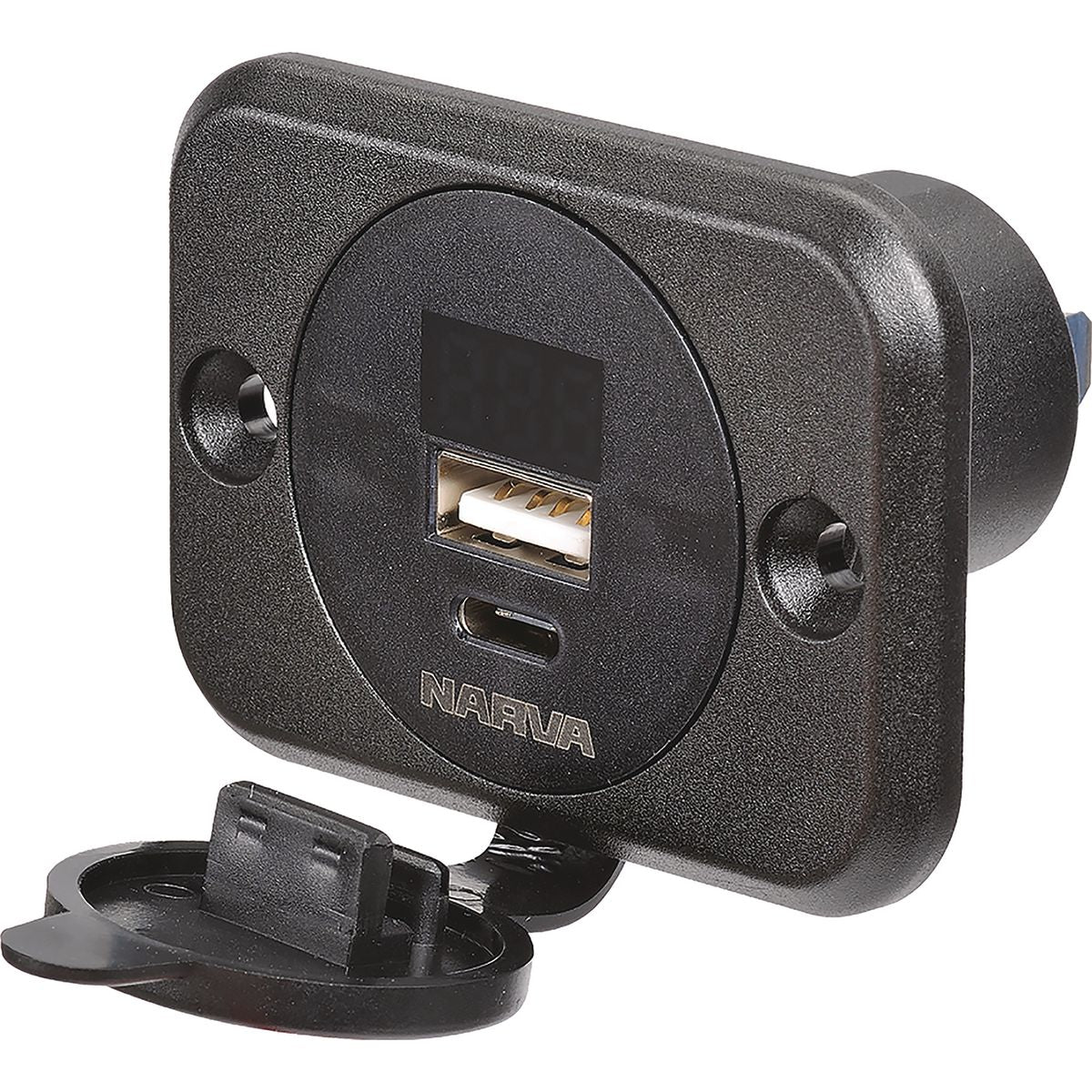 Narva Heavy Duty USB/USB-C Socket with Volt/Amp Meter 12-24V DC 81106BL