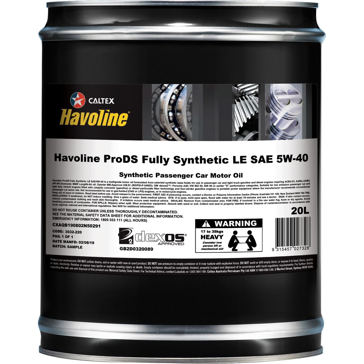 Caltex Havoline ProDS Fully Synthetic LE SAE 5W-40 Engine Oil 20L 3032-220