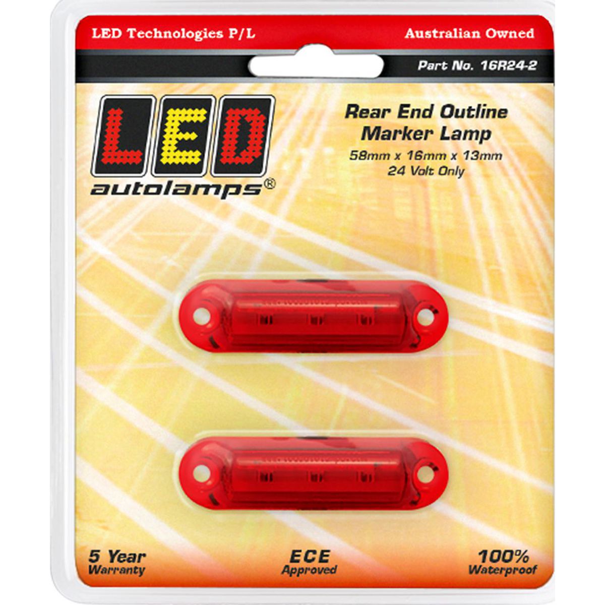 LED Autolamps Super Small Rear Marker Lamp Red 58x16x13mm 24V Twin Pack 16R24-2