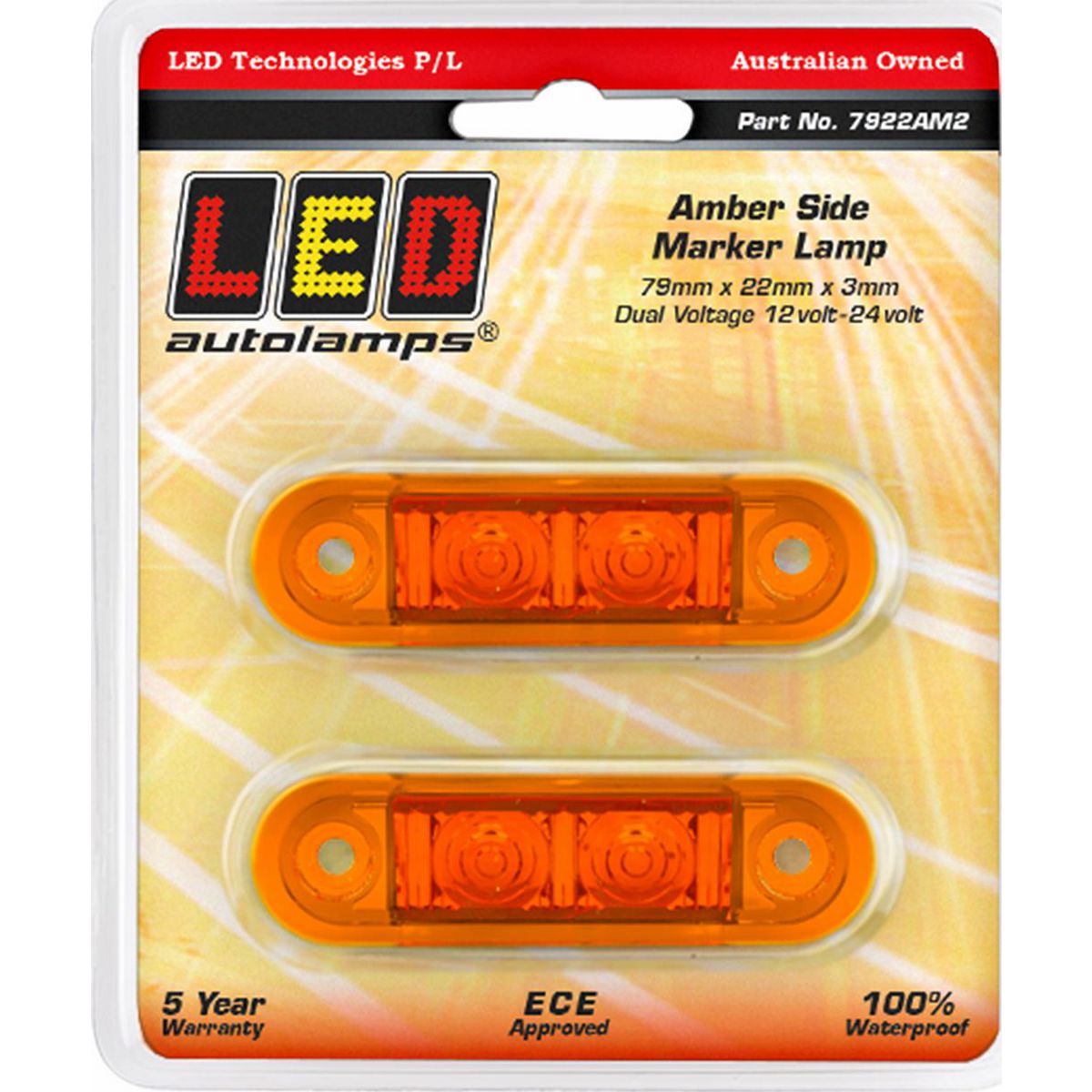 LED AutoLamps Low Profile Side Marker Amber 73x22x3mm 12-24V Twin Pack 7922AM2