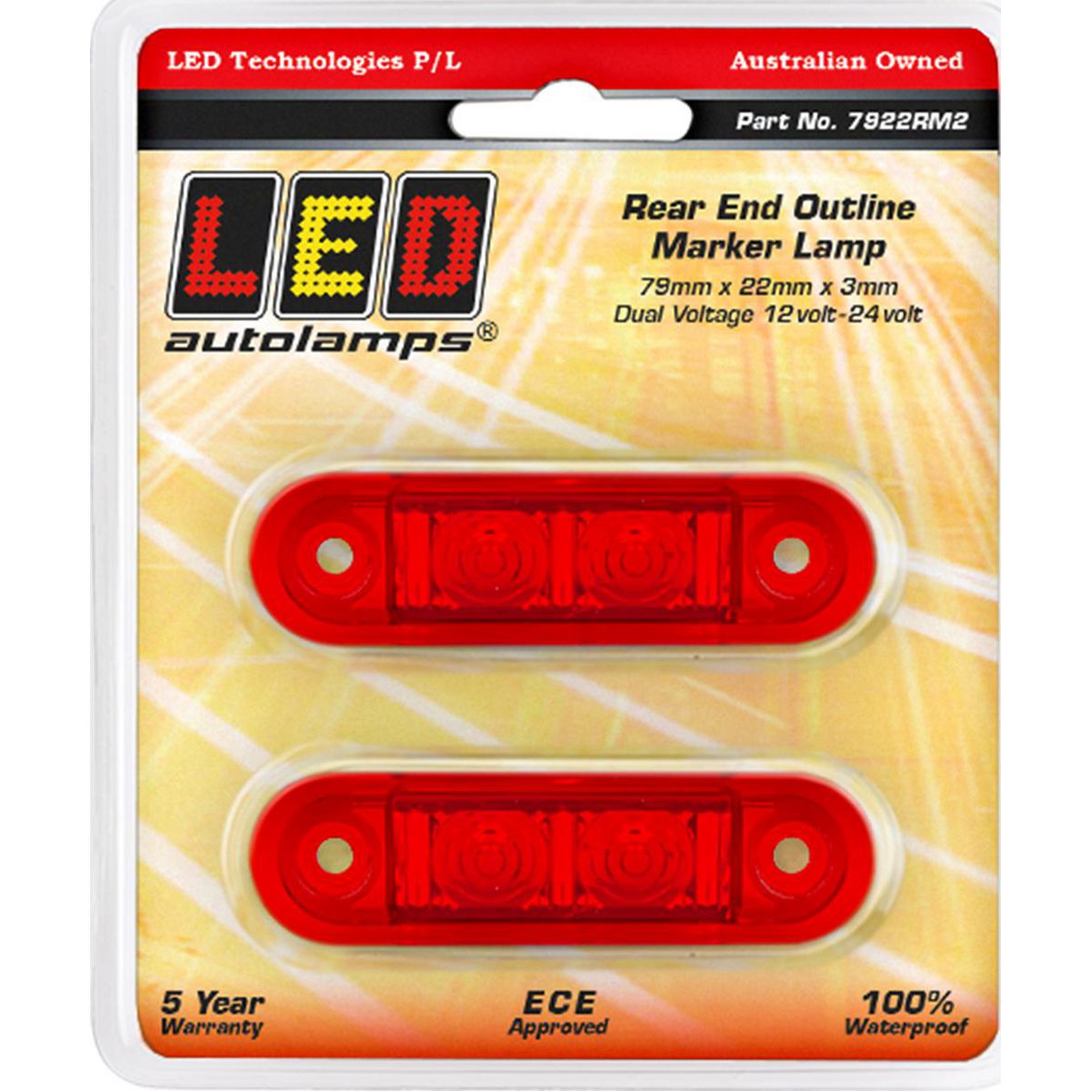 LED AutoLamps Low Profile Rear Marker Red 73x22x3mm 12-24V Twin Pack 7922RM2