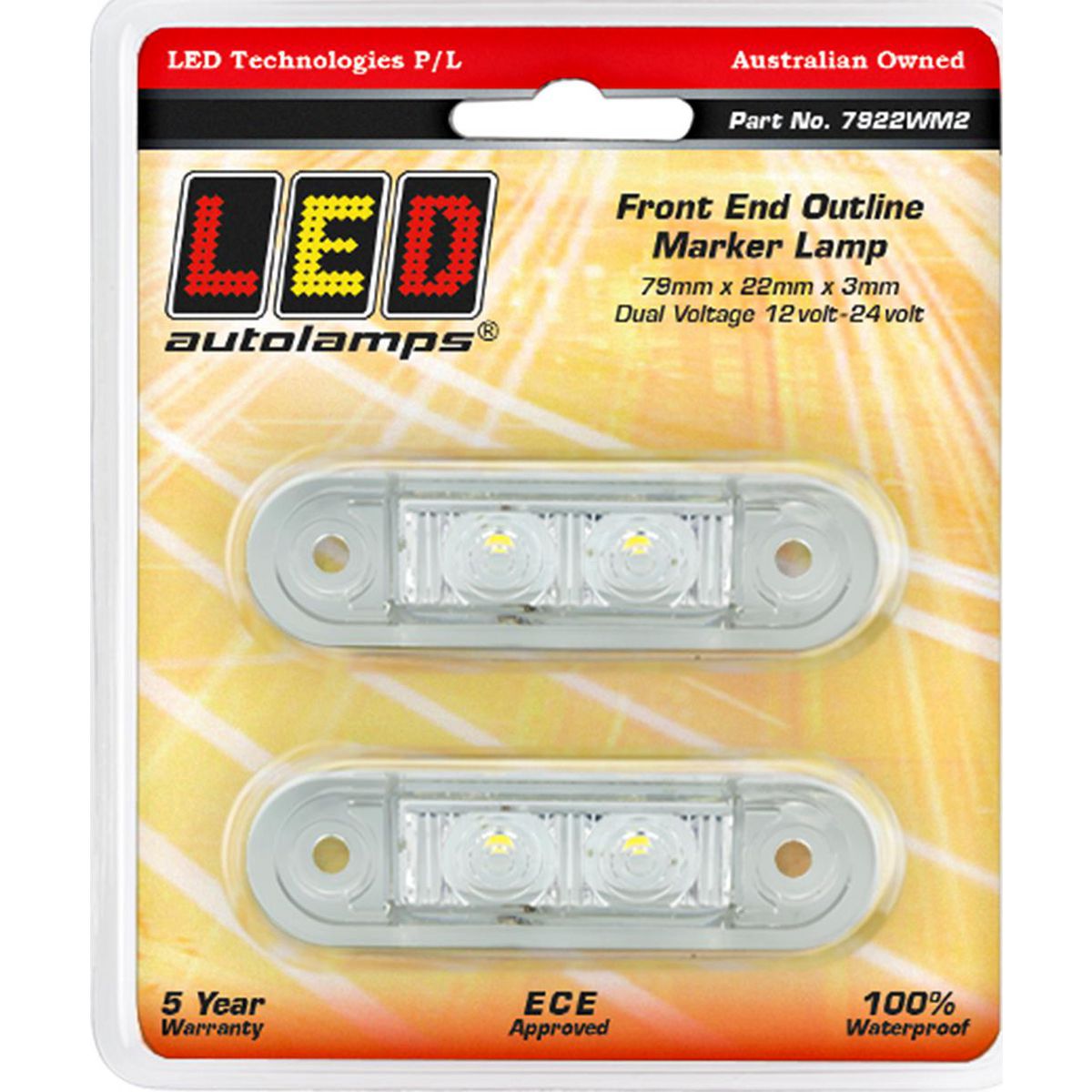LED AutoLamps Low Profile Front Marker White 73x22x3mm 12-24V Twin Pack 7922WM2