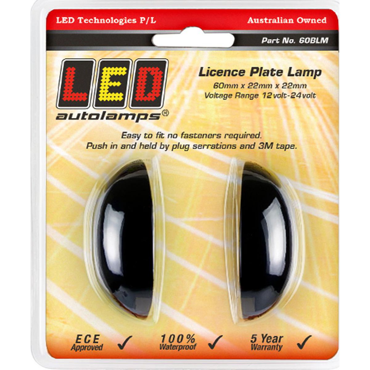 LED Autolamps Licence Plate Lamp with Black Base and 10cm Cable 60x22x32mm 12-24V Twin Pack 60BLM