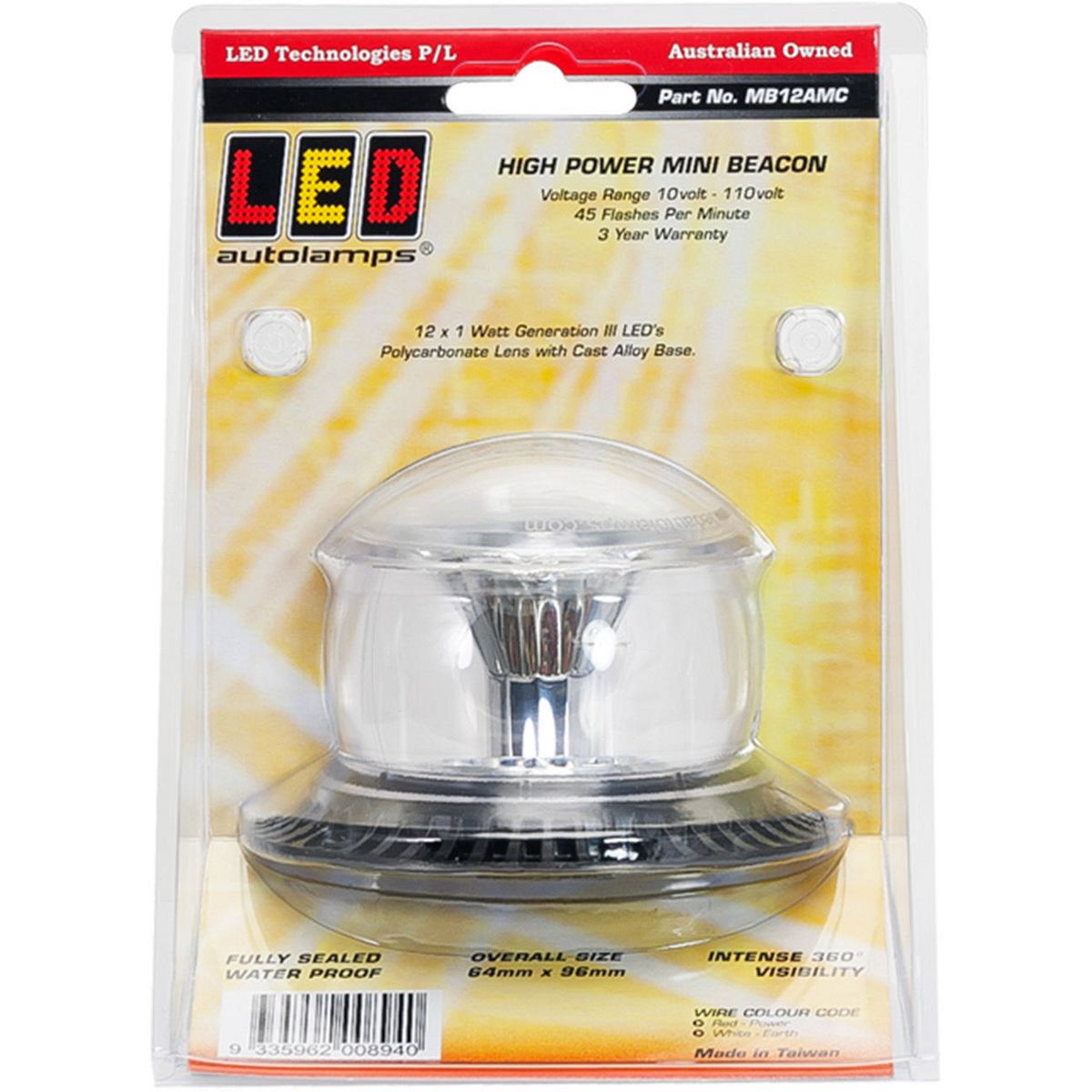 LED Autolamps Amber Beacon Light Clear Lens IP67 10/48V MB12AMC