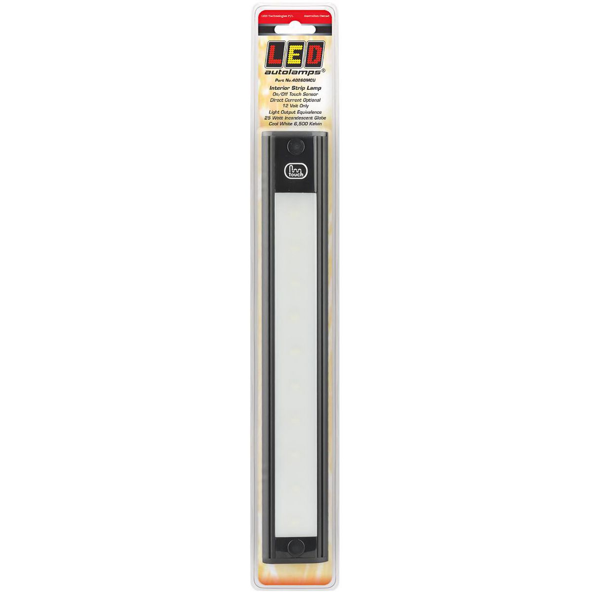 LED Autolamps Interior Strip Lamp with Touch Sensor Switch (MCU Circuitry) and Black Base 260 x 40mm 12V 40260MCU