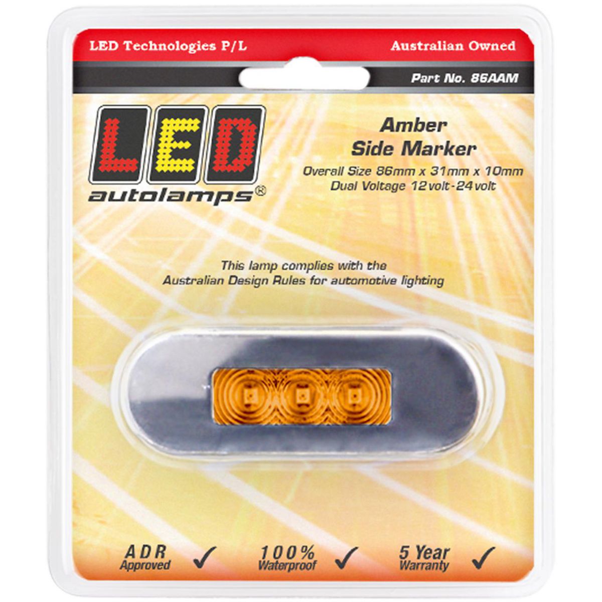 LED AutoLamps Side Marker with Stainless Steel Bezel Amber 86x31x10mm 12-24V 86AAM