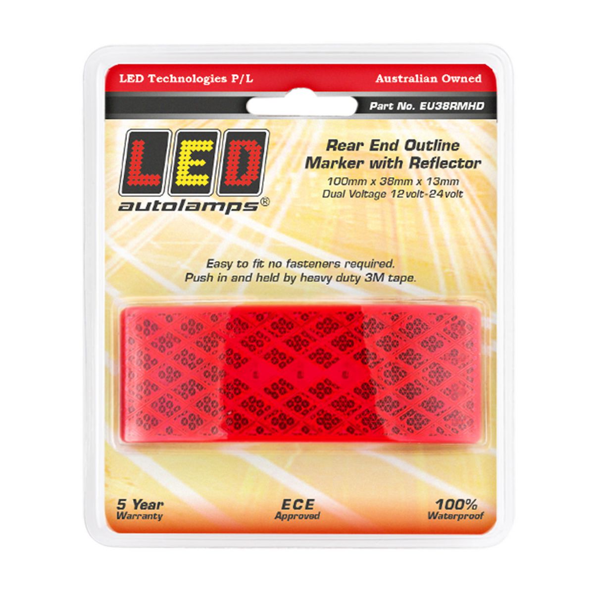 LED Autolamps Side Marker with Built-in Reflector and 3m Tape Red 100x38x13mm 12-24V EU38RMHD