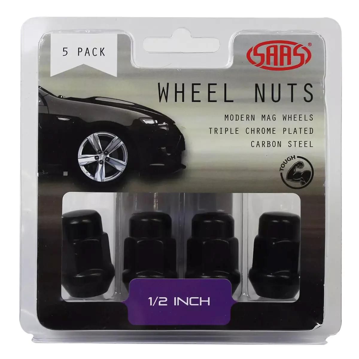 SAAS Wheel Nuts Acorn Bulge 1/2" Black 35mm (5 Pack) 335315BC