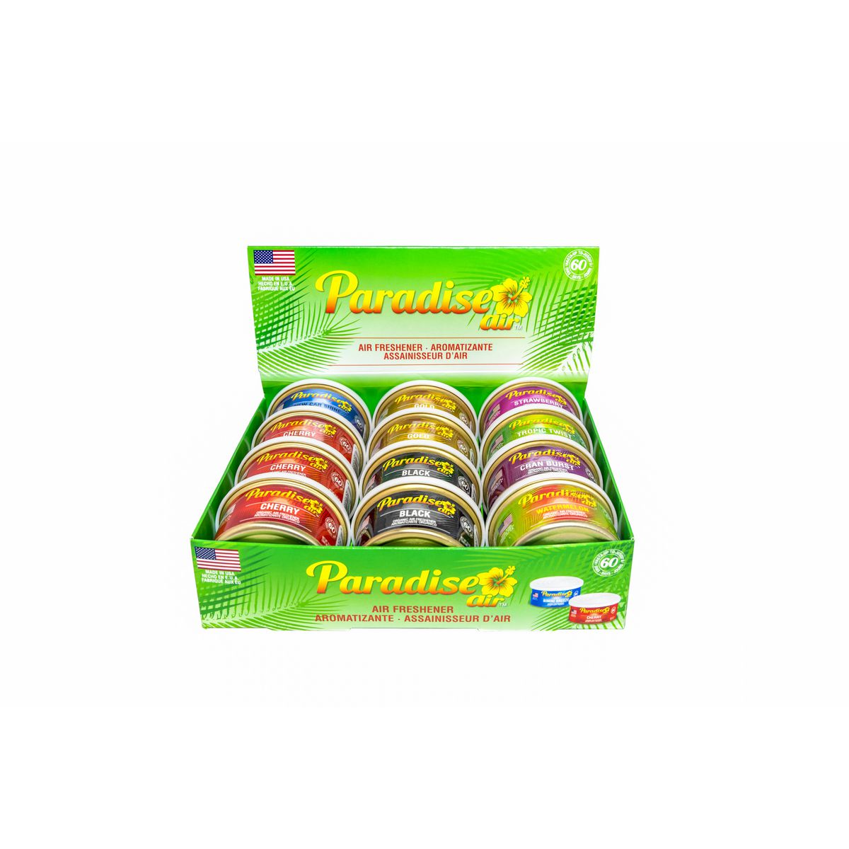 Paradise Air 12 Pl Display 2Cherry , 2 Gold. 2 Black , 2 Berry , 1 Watermellon, 1 Vanilla , 1 New Car 1 Breeze ORF-12CT144SM-Q