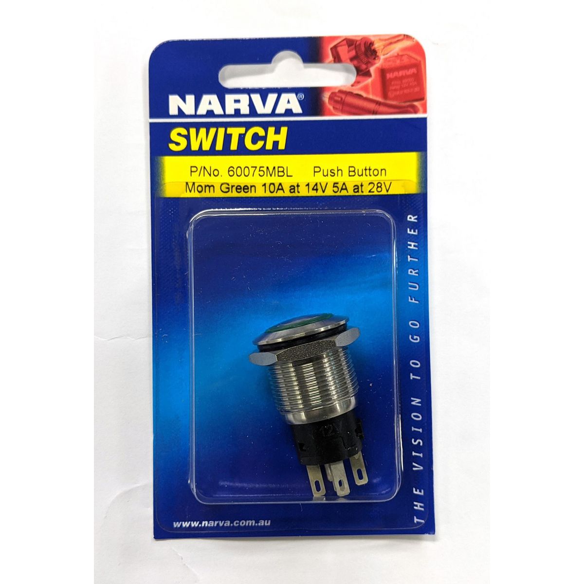 Narva Push Button Switch Momentary LED Green 60075MBL