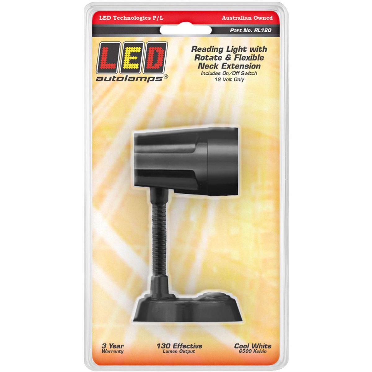 LED Autolamps Reading Lamp Black Height 120mm 130 Effective Lumen 12V Blister Pack RL120