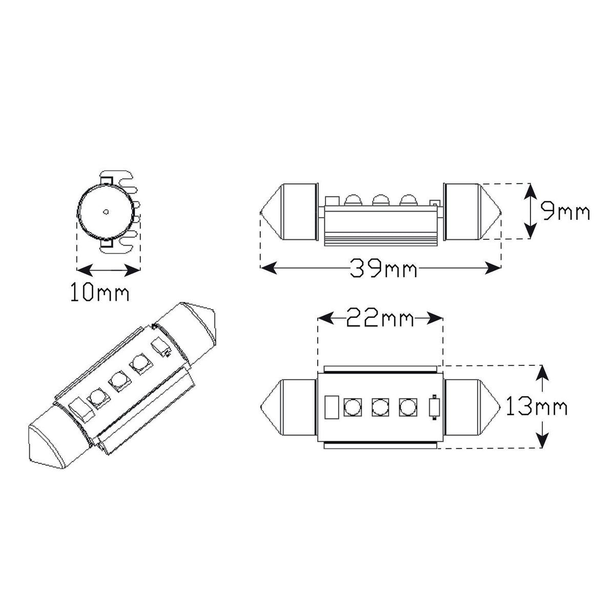 LED Autolamps Festoon Bulb White Canbus Compatible 180 Effective Lumen 39mm 12V FN39W