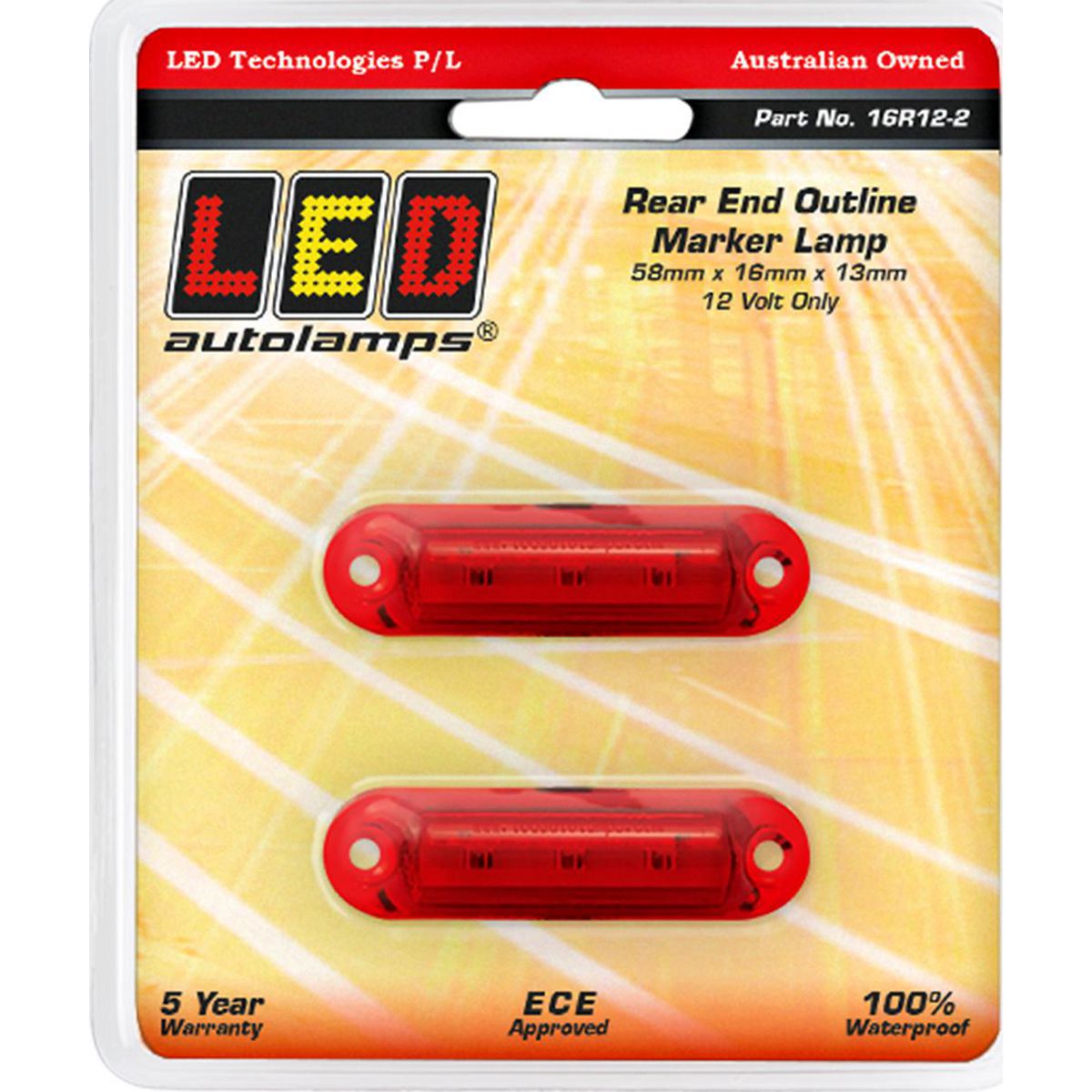 LED Autolamps Super Small Rear Marker Lamp Red 58x16x13mm 12V Twin Pack 16R12-2