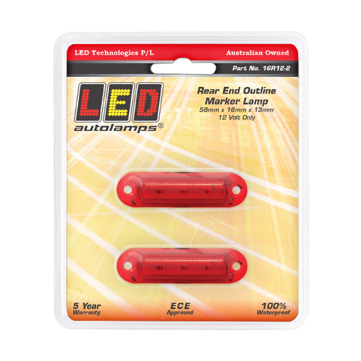 LED Autolamps Super Small Rear Marker Lamp Red 58x16x13mm 12V Twin Pack 16R12-2