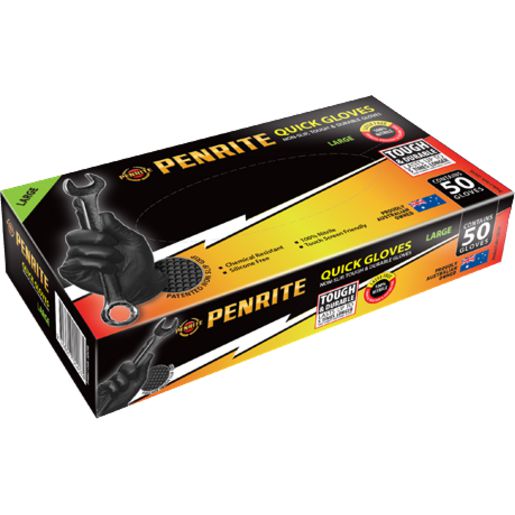 Penrite Quick Gloves Disposable Non-Slip Nitrile Large 50Pk LQG50L
