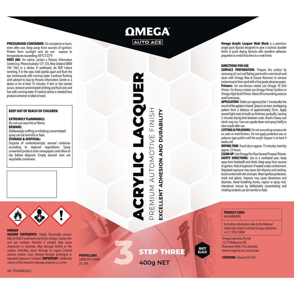 Omega Premium Acrylic Lacquer Matte Finish Black 400g AA-ALMB400G