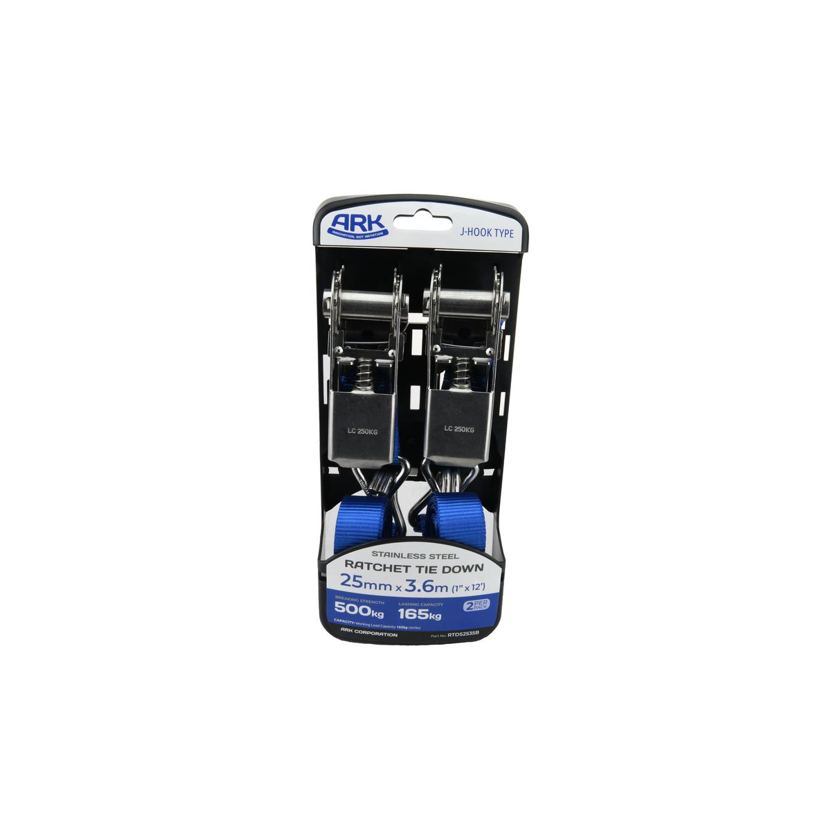Ark Rachet Tie Down Stainless Steel 165kg 25mm x 3.5m 2 Pack RTDS2535B