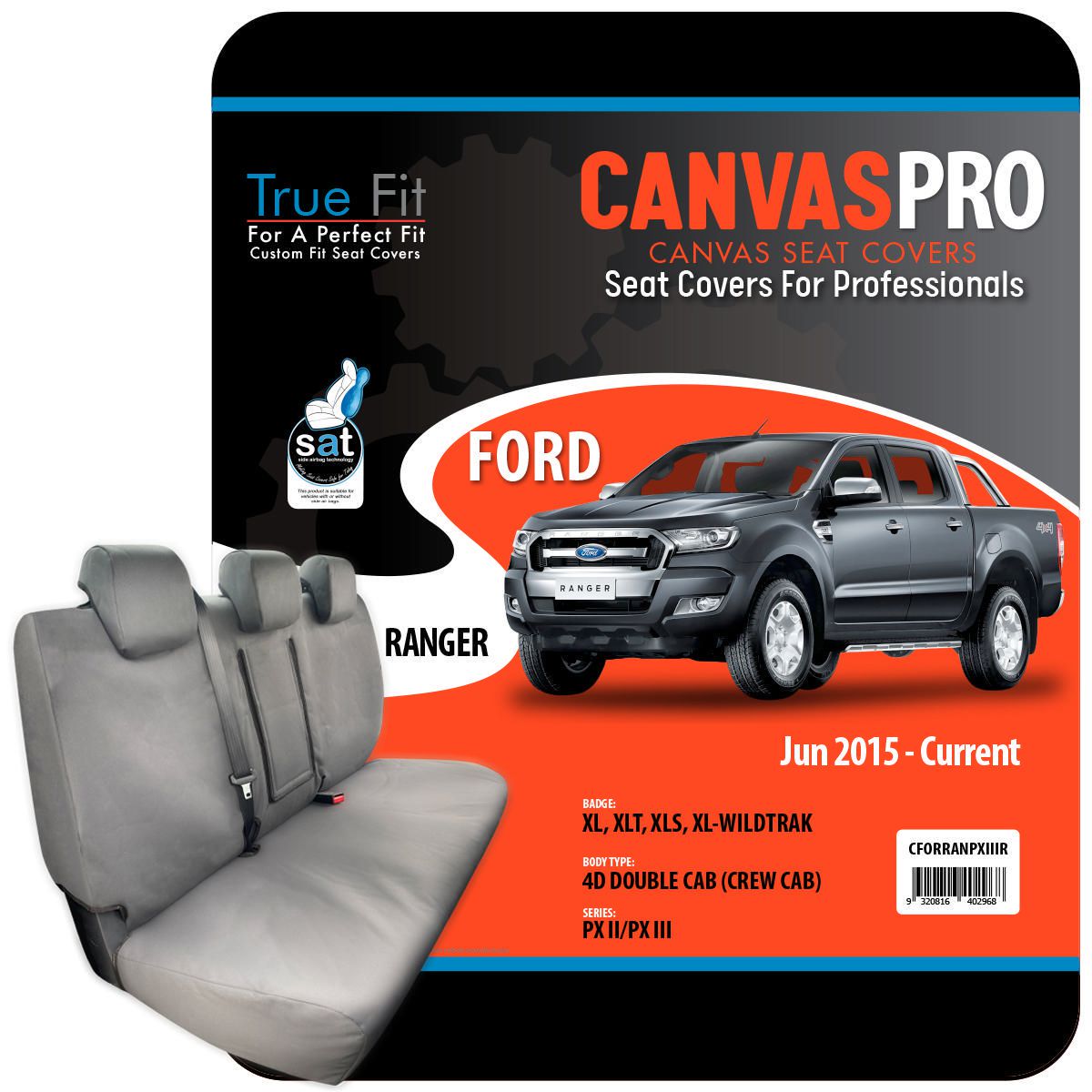True Fit Tailored Fit Rear Car Seat Cover Canvas, Charcoal - Single CFORRANPXIIIR