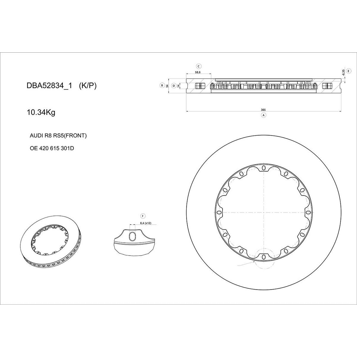 DBA T3 5000 Slotted 2Pc Brake Rotor Single 365mm Front DBA52834SLVS