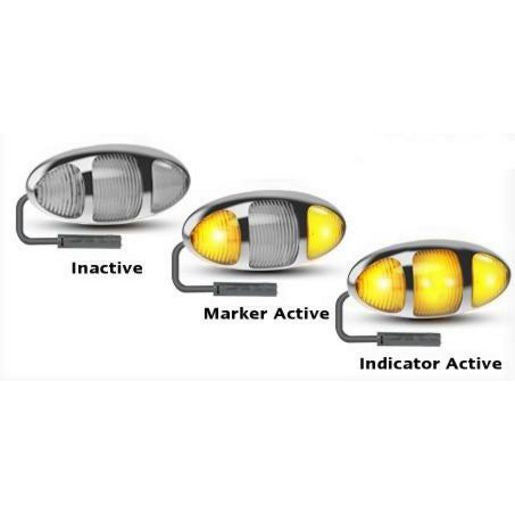 LED Autolamps Twin Function Side Indicator with Amber Side Marker, Chrome Bezel and 3P Harness Kit 97x45x28mm 12-24V 97CAIMCSB