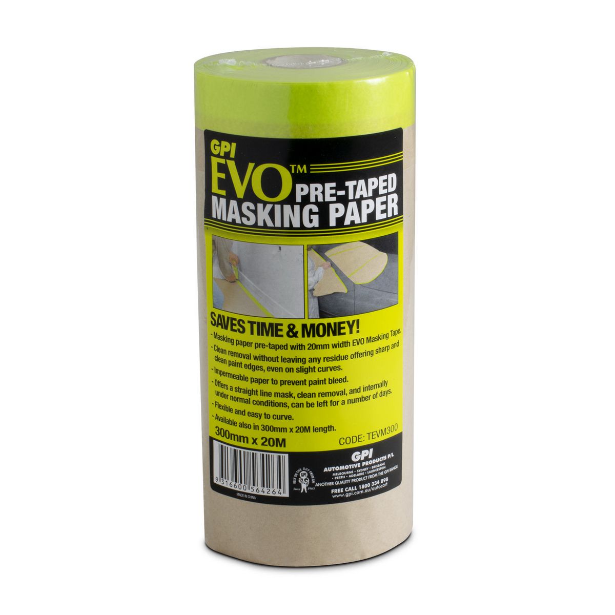 GPI 300mm X 20M Masking Paper Pre-Taped With EVo Masking Tape TEVM300