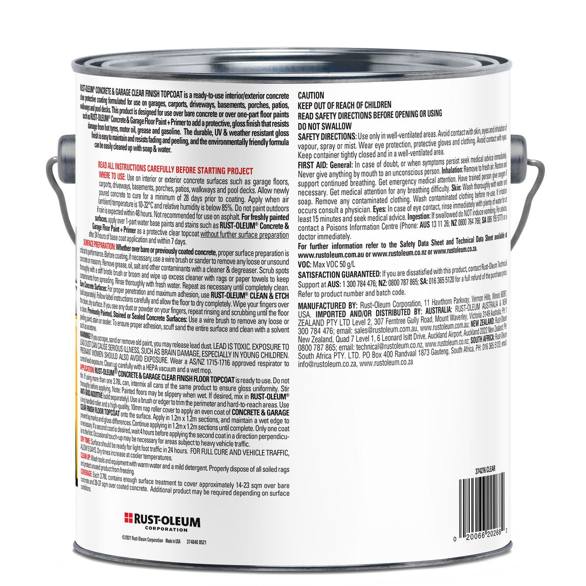 Rust-Oleum 1 Part Concrete Floor Coating Clear Topcoat 3.78L 374276