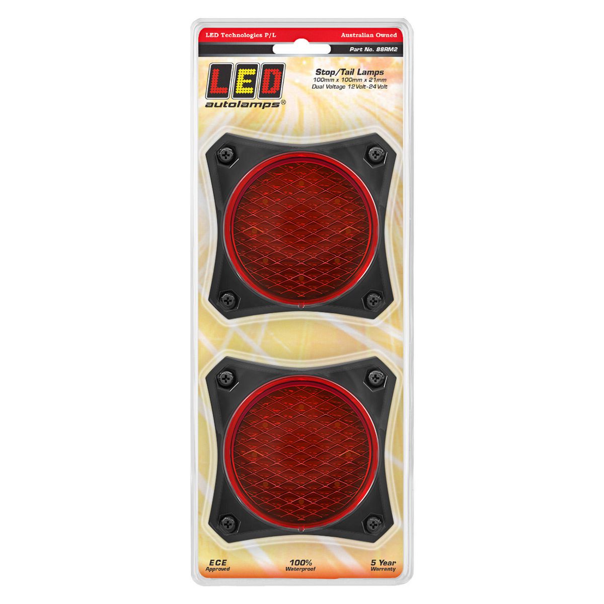 LED Autolamps 12/24V Stop/Tail Lamp With Coloured Lens, Black Mounting Housing, Twin Blister 88RM2