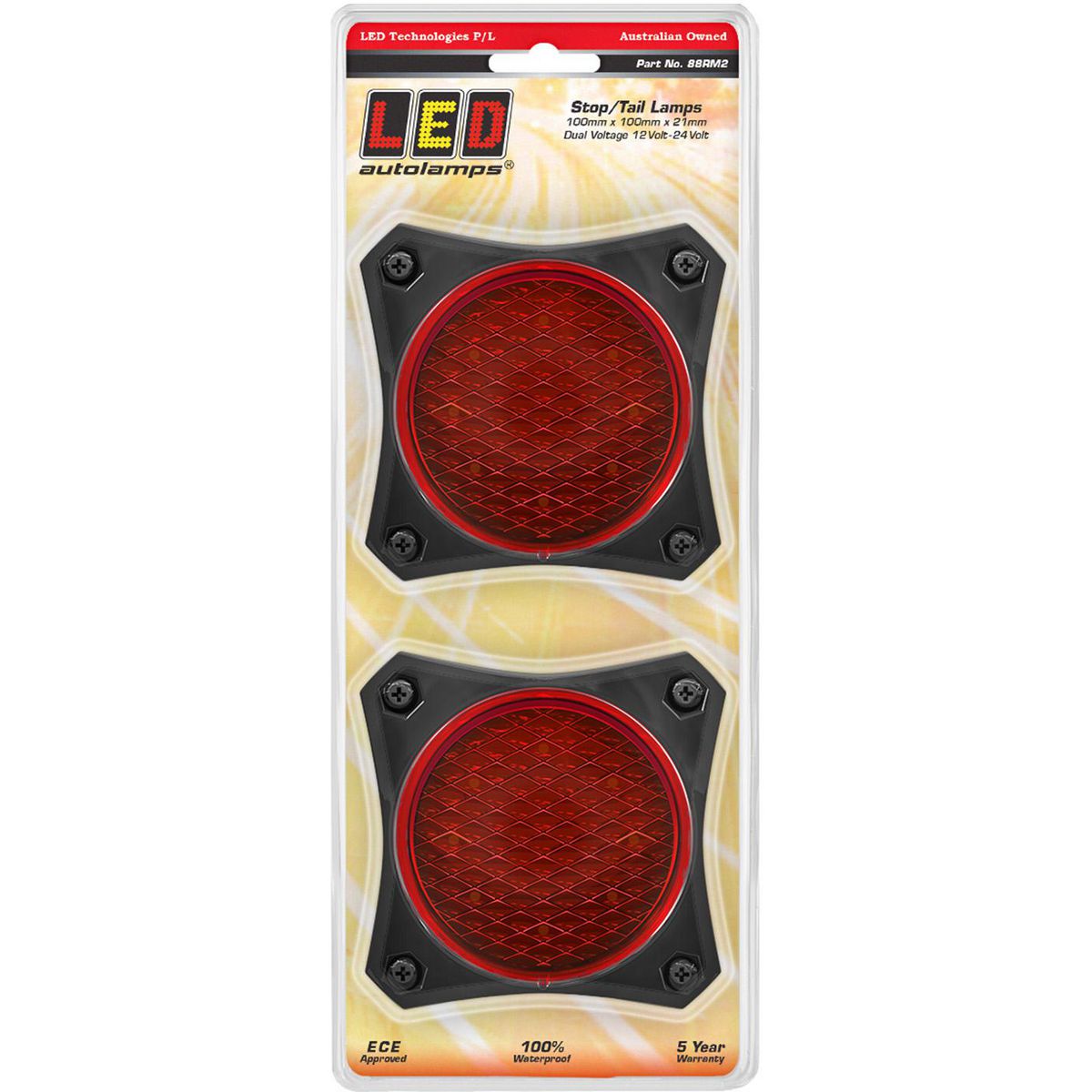 LED Autolamps 12/24V Stop/Tail Lamp With Coloured Lens, Black Mounting Housing, Twin Blister 88RM2