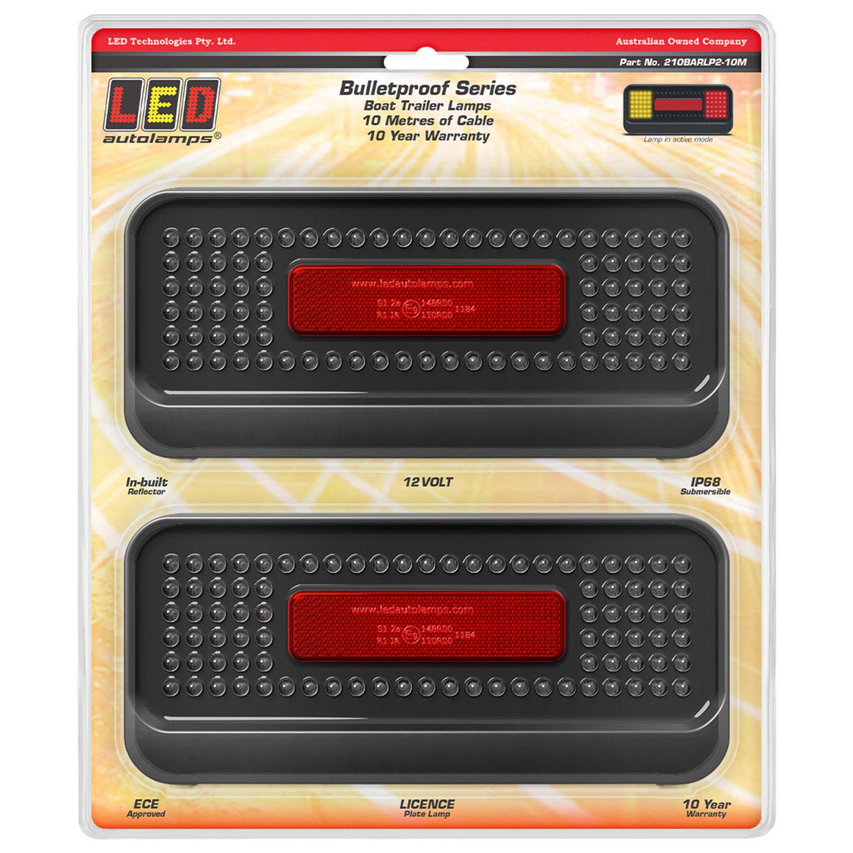 LED Autolamps - 210 Bulletproof Series Boat Trailer Lamps - RHS, LHS & LP,  10 metre cable, 12V, Twin Blister 210BARLP2-10M