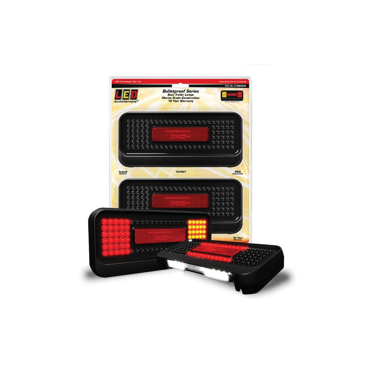 LED Autolamps - 210 Bulletproof Series Boat Trailer Lamps - RHS, LHS & LP,  10 metre cable, 12V, Twin Blister 210BARLP2-10M