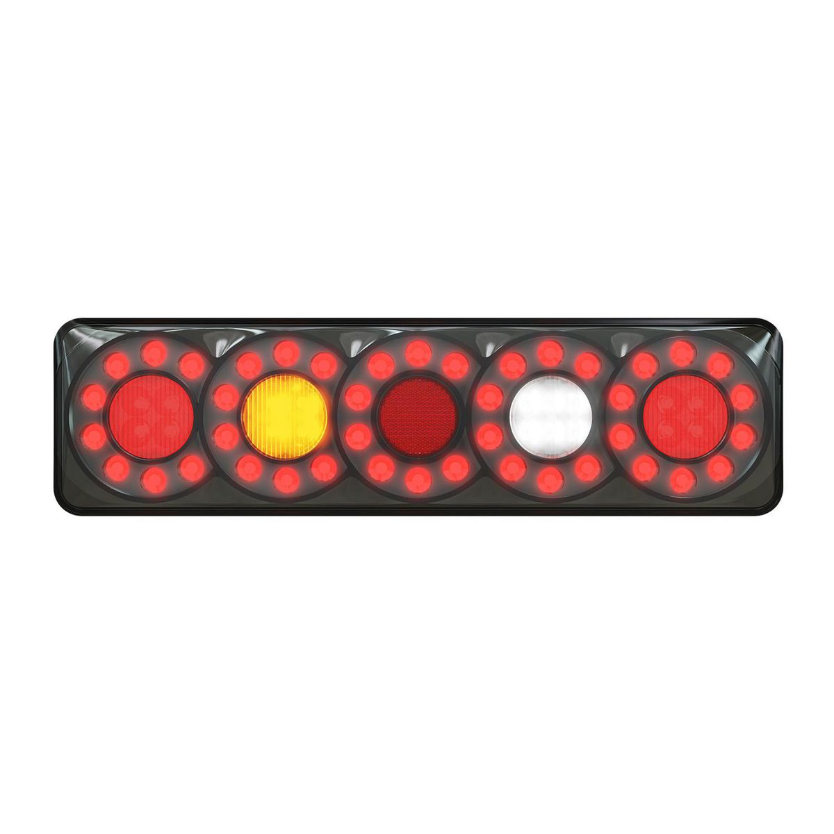LED Autolamps LHS Stop/Tail/Ind/Rev, 5 Circle Pattern Tail Light, Black Chrome With Tinted Lens, Multivolt, 385 X 104 X 31Mm, Ece, White Box 3851ARWMLCSB
