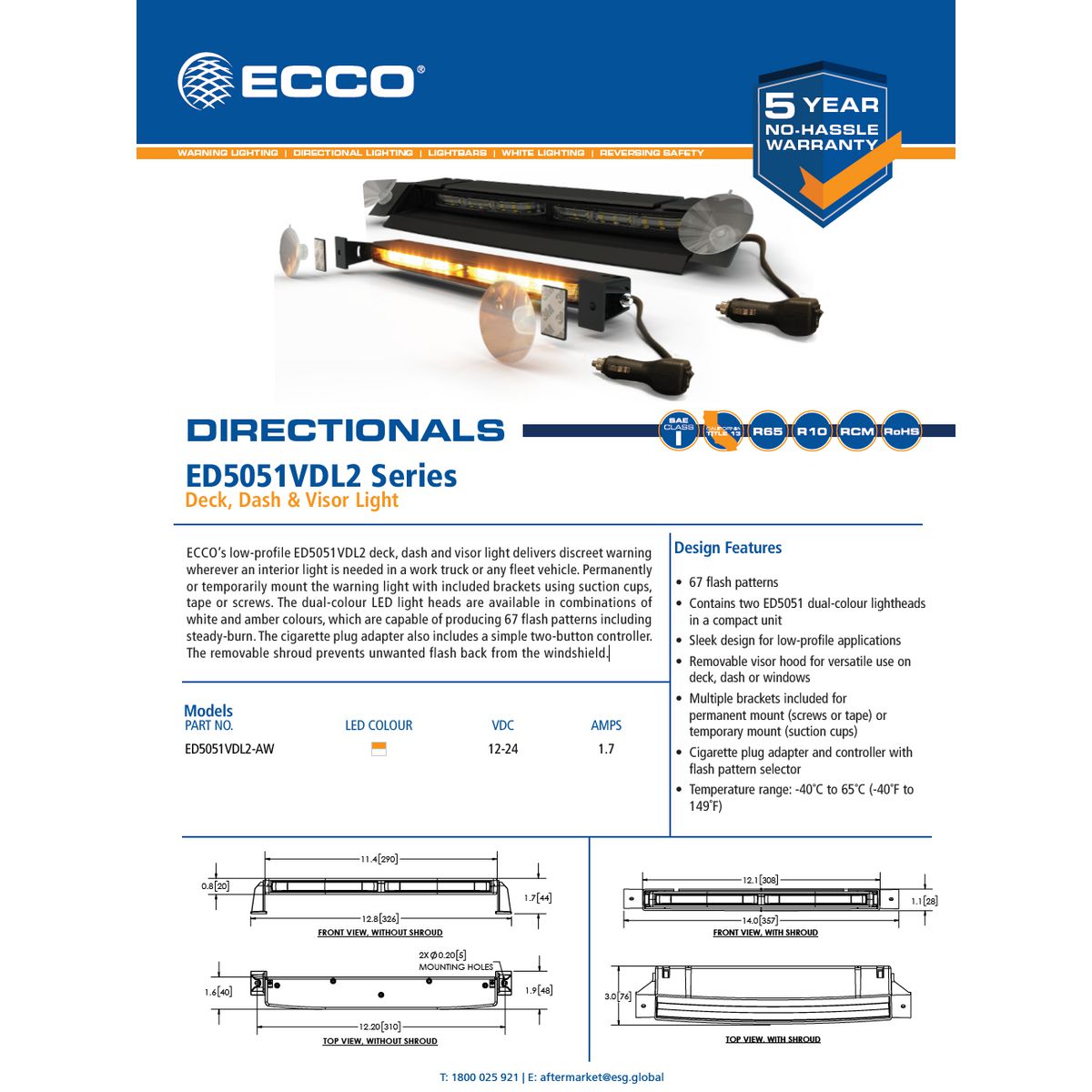 Ecco 12/24V Dual Colour Amber-White Directional Deck,Dash,Visor Light ED5051VDL2-AW