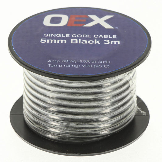 OEX Auto Cable 20A Single Core 5mm x 3m Black ACX0750-3M