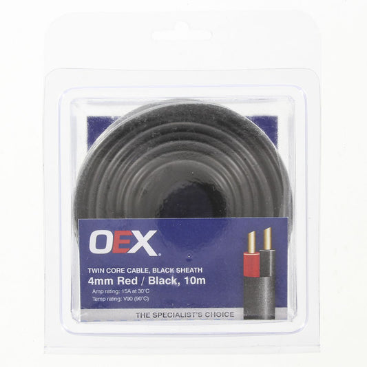 OEX Auto Cable 15A Twin Core 4mm x 10m Red/Black w/Black Sheath ACX0808-10BL