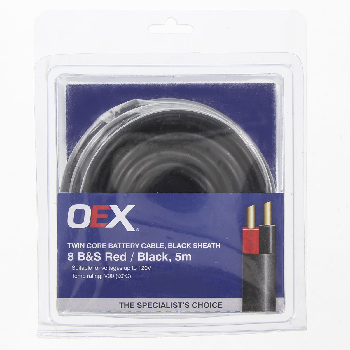 OEX Twin Core Battery Cable 8 B&S 5m Red/Black w/ Black Sheath ACX0927-5BL