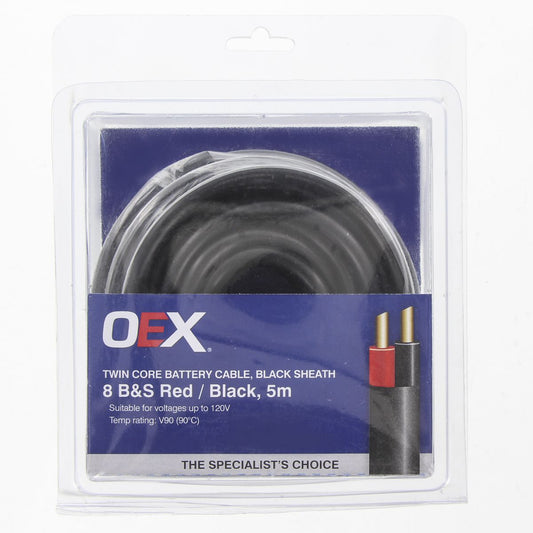OEX Twin Core Battery Cable 8 B&S 5m Red/Black w/ Black Sheath ACX0927-5BL
