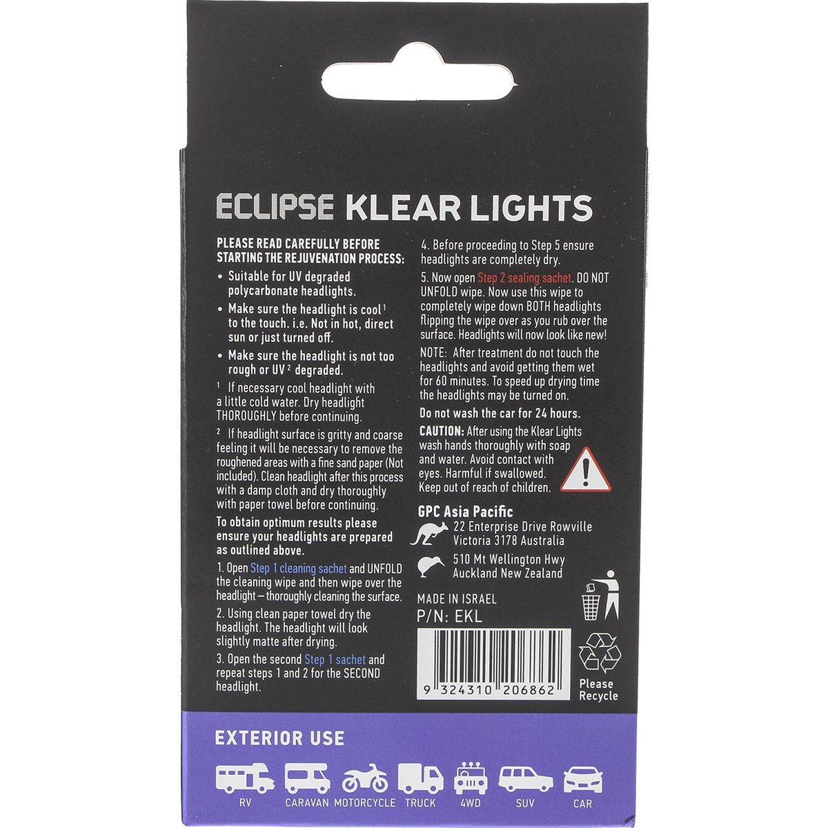 Eclipse Klear Lights Headlight Restoration Wipes EKL