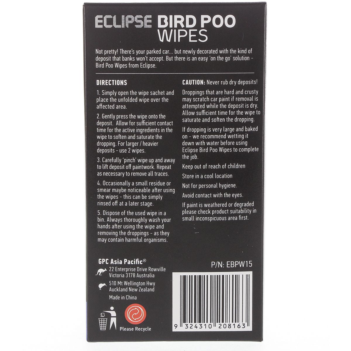 Eclipse Bird Poo Wipes 15 Pack EBPW15
