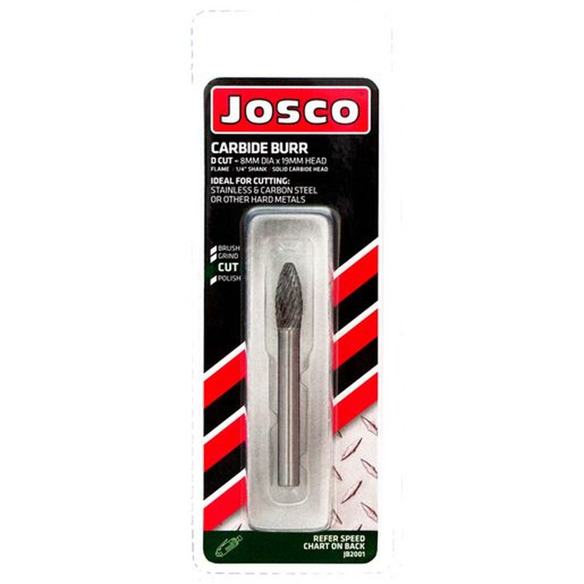 Josco 8mm x 19mm D-Cut Flame Carbide Burr JB2001