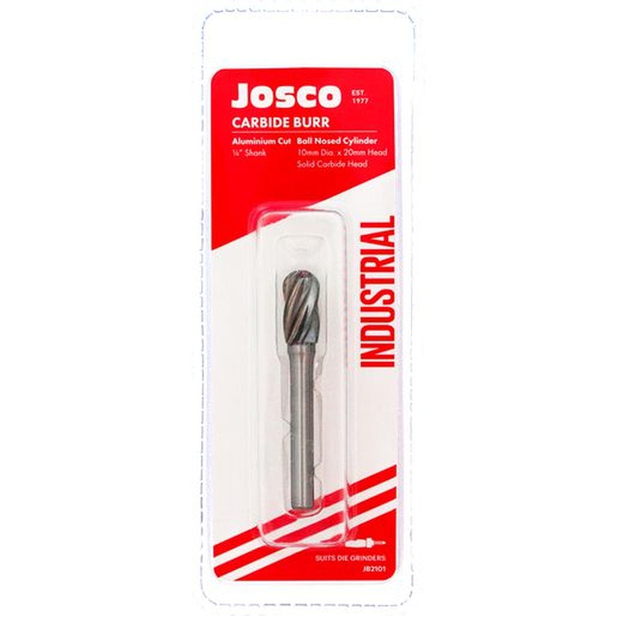 Josco 10mm x 20mm Aluminium Cut Carbide Burr Ball Nosed Cylinder JB2101