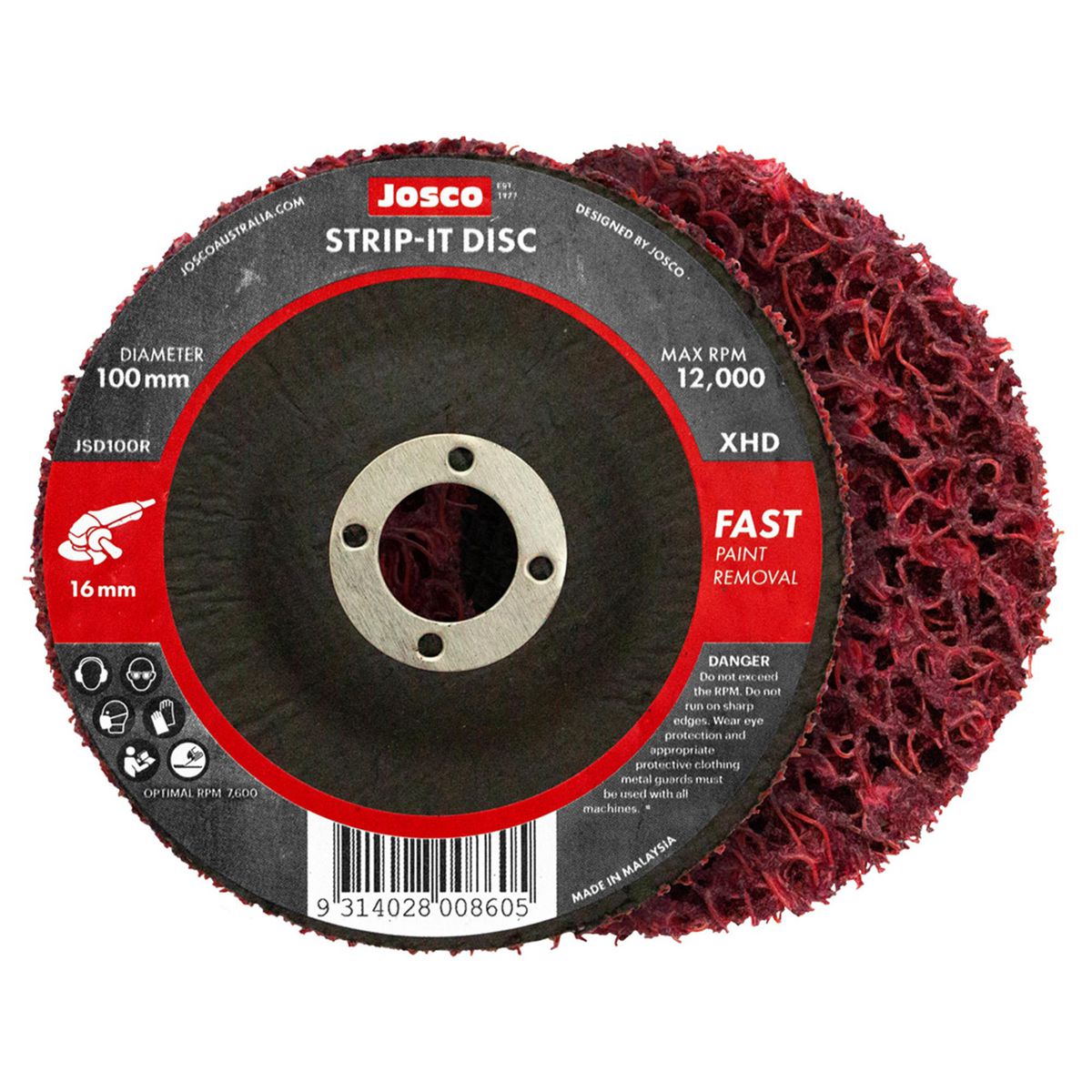 Josco Strip It Disc 100mm Red 16mm Bore Fibreglass Back JSD100R