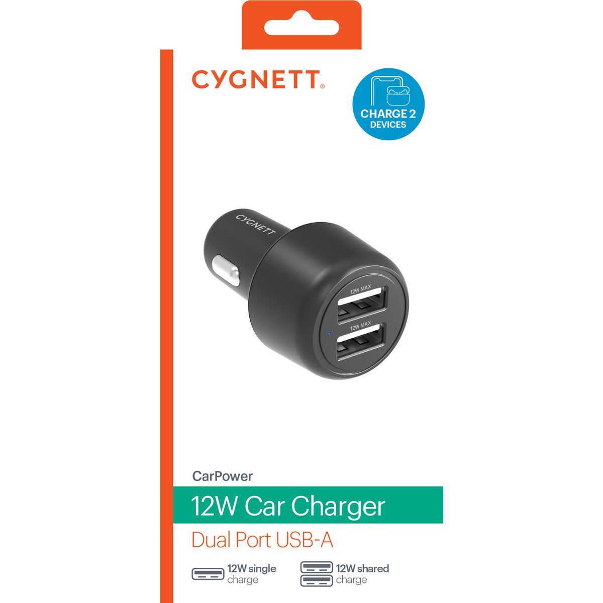 Cygnett Dual Port USB Car Charger 2x 12W (12W Total) CY3679CYCCH