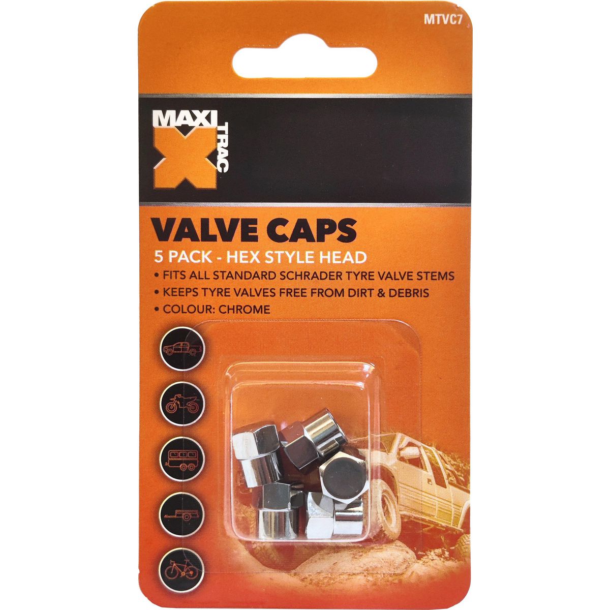 Maxi Trac Hexagon Chrome Valve Caps 5 Pack MTVC7