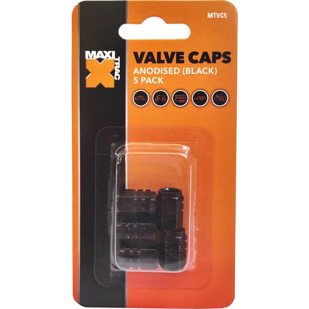 Maxi Trac Anodised Hex Black Valve Caps 5 Pack MTVC5