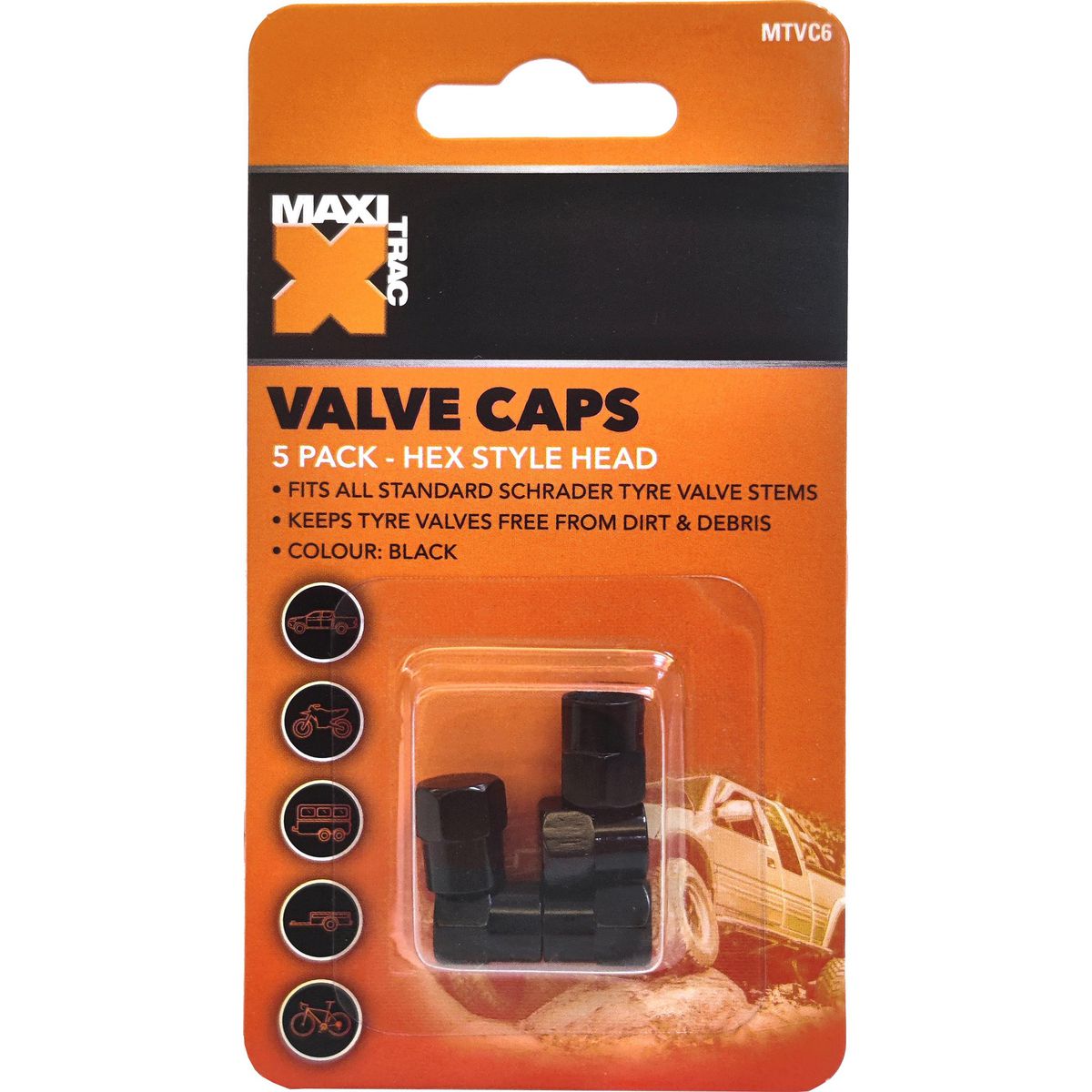 Maxi Trac Hexagon Black Valve Caps 5 Pack MTVC6