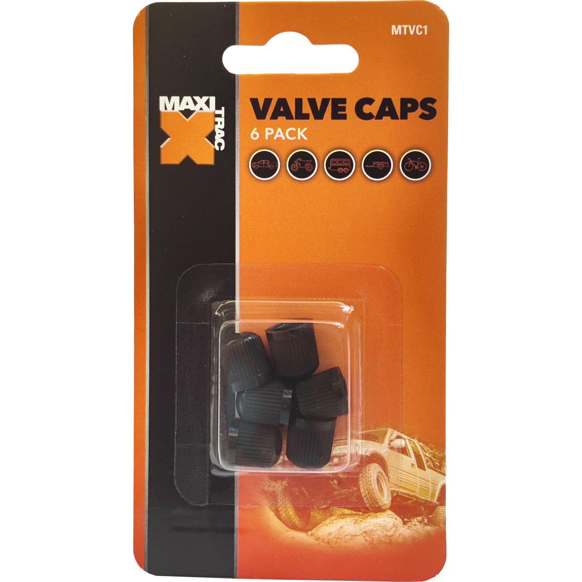 Maxi Trac Plastic Black Valve Caps 6 Pack MTVC1